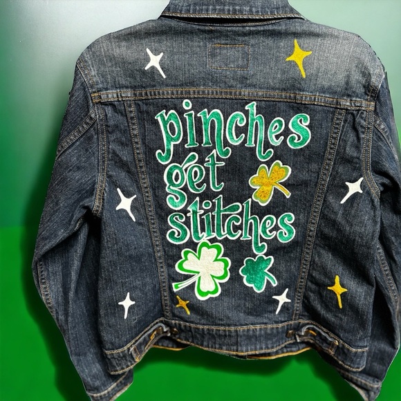 Levi's Jackets & Blazers - Hand Painted Jean Jacket: “Pinches Get Stitches”, St Patrick’s Day, Ladies XL